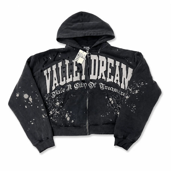 Valley Dreams Hoodie Splatter Negro Desgastado